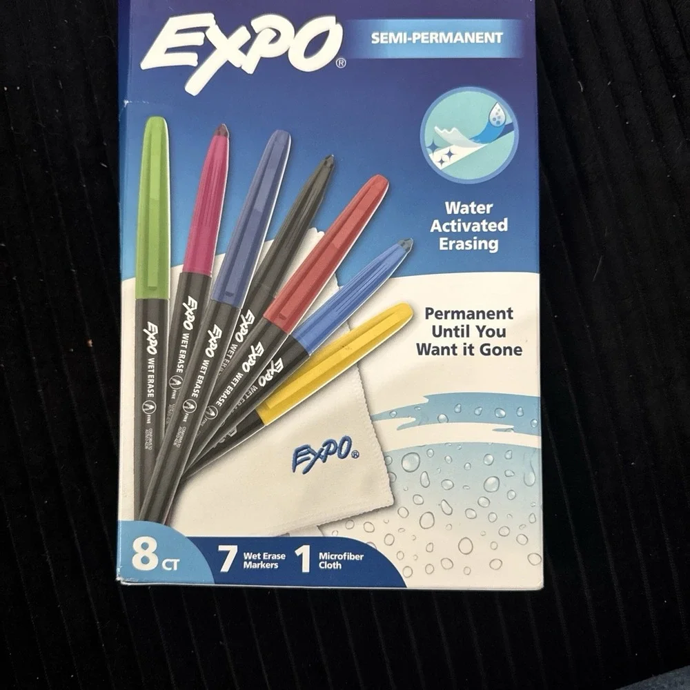 Expo Wet Erase Markers 7ct Semi-Permanent + Microfiber Cloth Water Activated